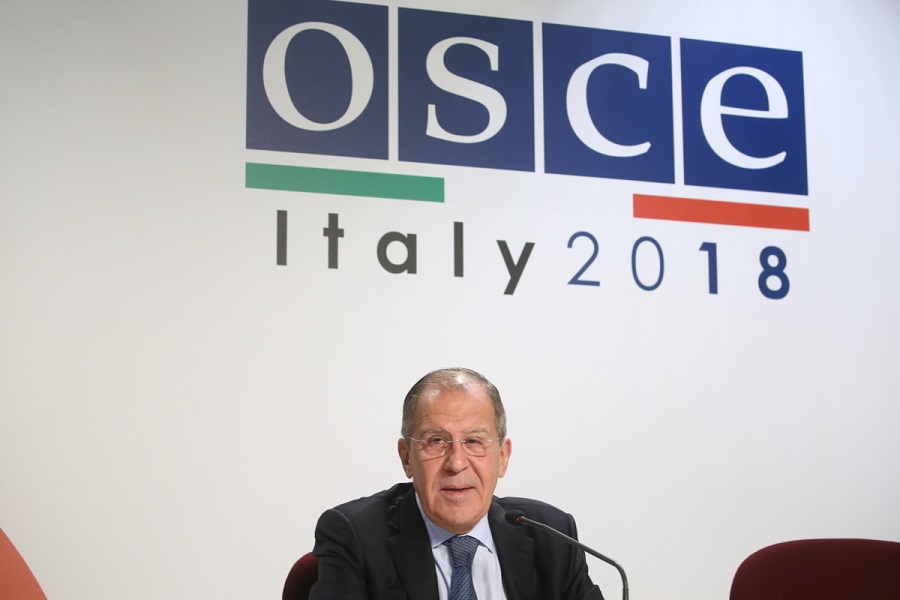 Tlačová konferencia ministra zahraničných vecí Ruska S. Lavrova po rokovaní OBSE