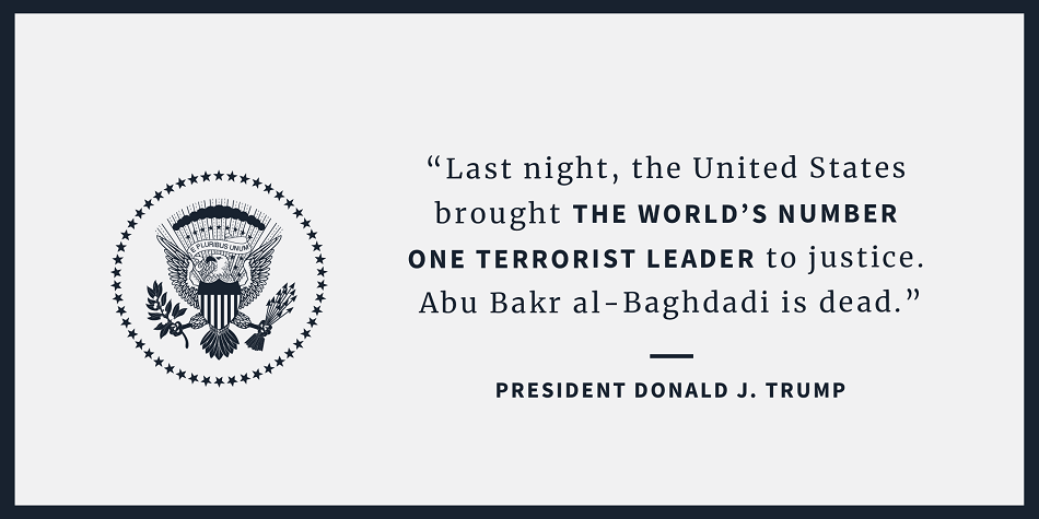 Vystúpenie D. Trumpa v súvislosti so smrťou al-Baghdádiho